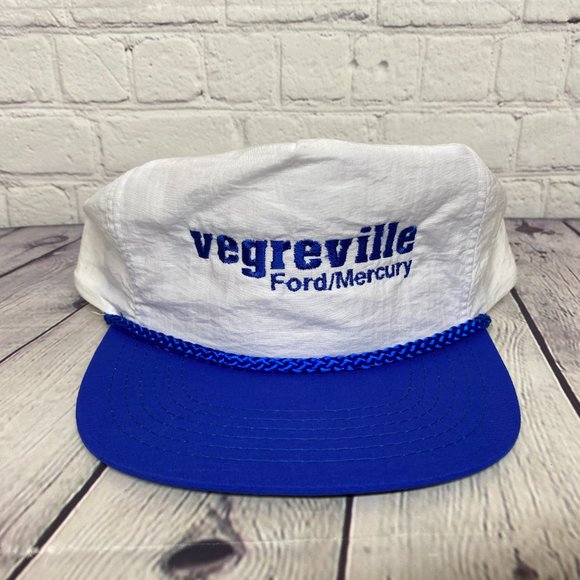 Vintage Hat Nylon Rope Cap Snapback White Blue VEGREVILLE Ford Mercury Dealer - Picture 5 of 9